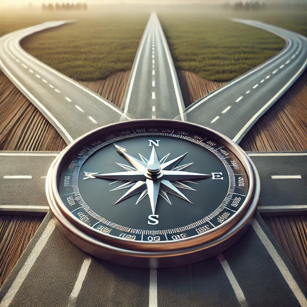 DALL·E 2024-10-12 18.59.45 - A photorealistic image showing several roads or paths diverging in different directions, symbolizing multiple life or career choices. In the foregroun
